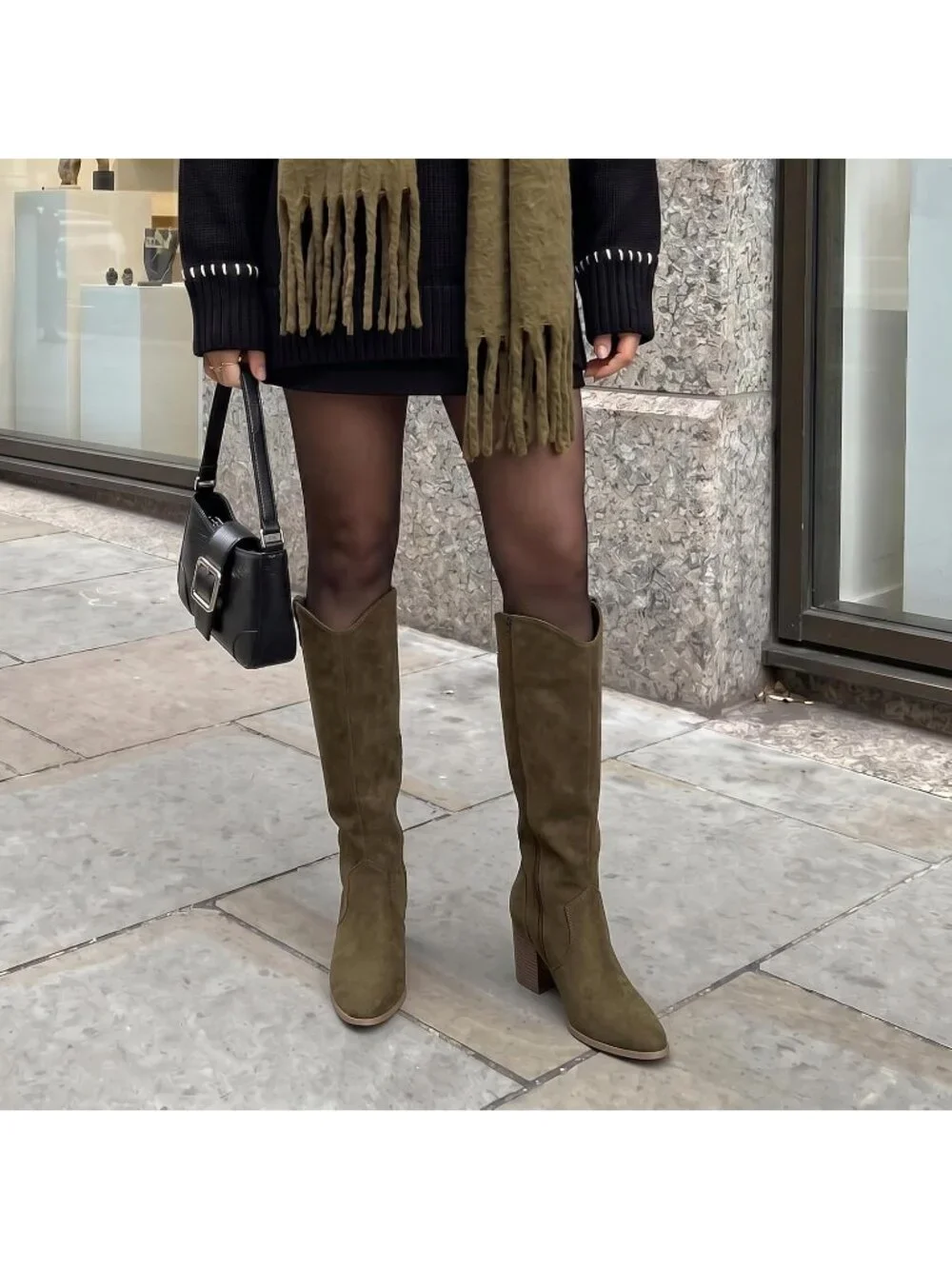 Women Olive Green Suede Chunky Heel Suede Pointed Toe Side Zipper Knee High Boot